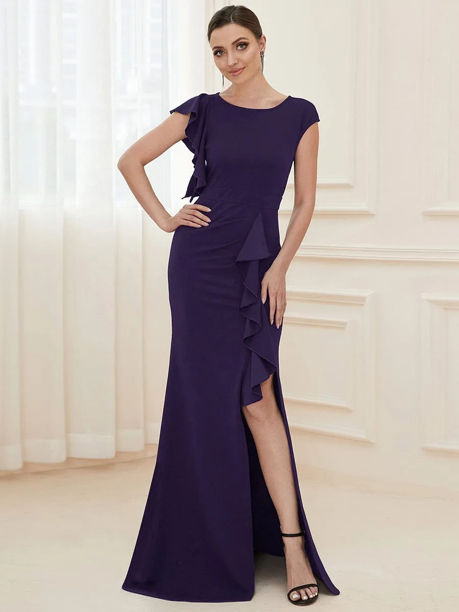 Robe longue fendue sur le devant asymétriques à volants Col U(Vente finale)