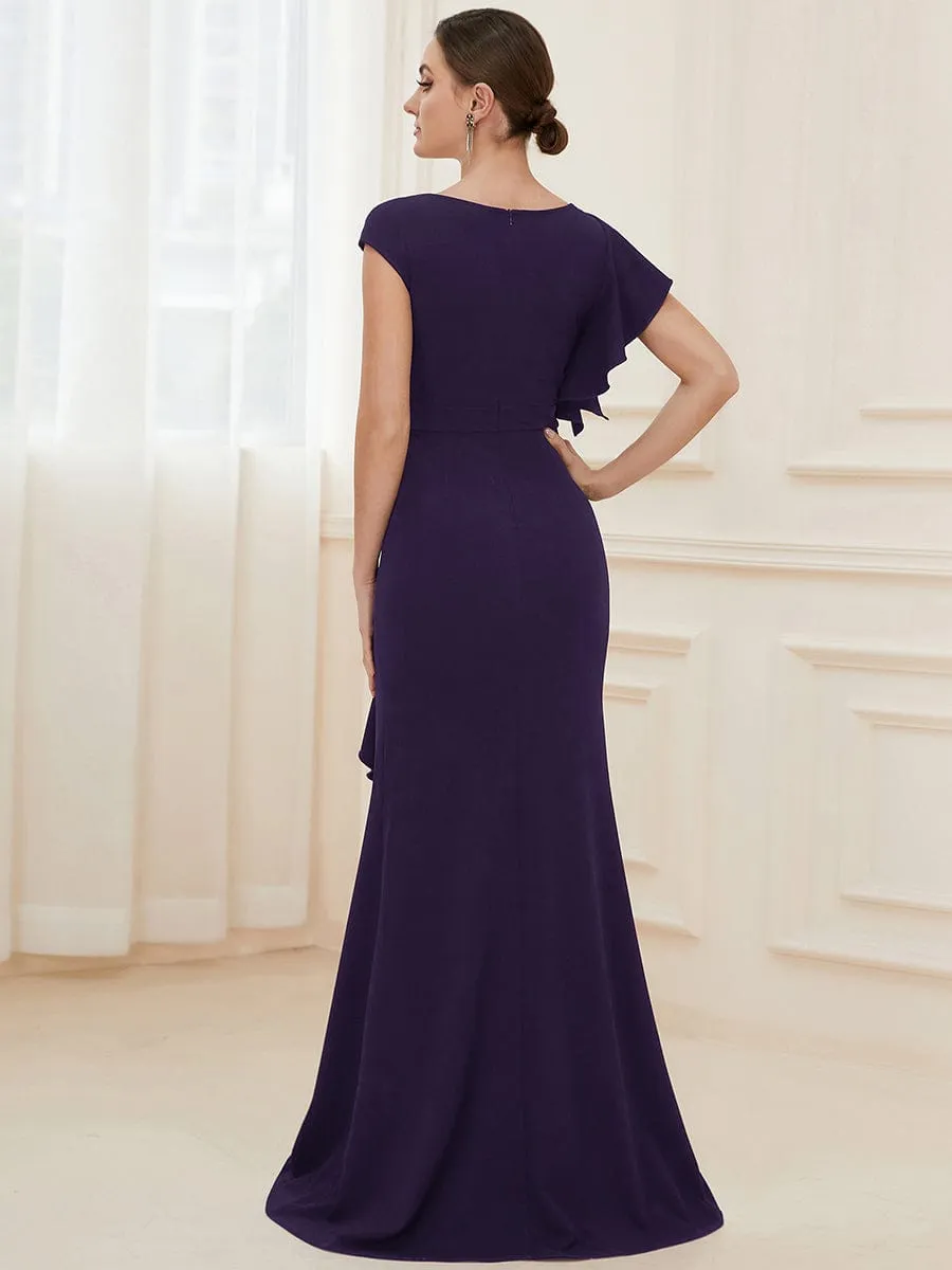 Robe longue fendue sur le devant asymétriques à volants Col U(Vente finale)