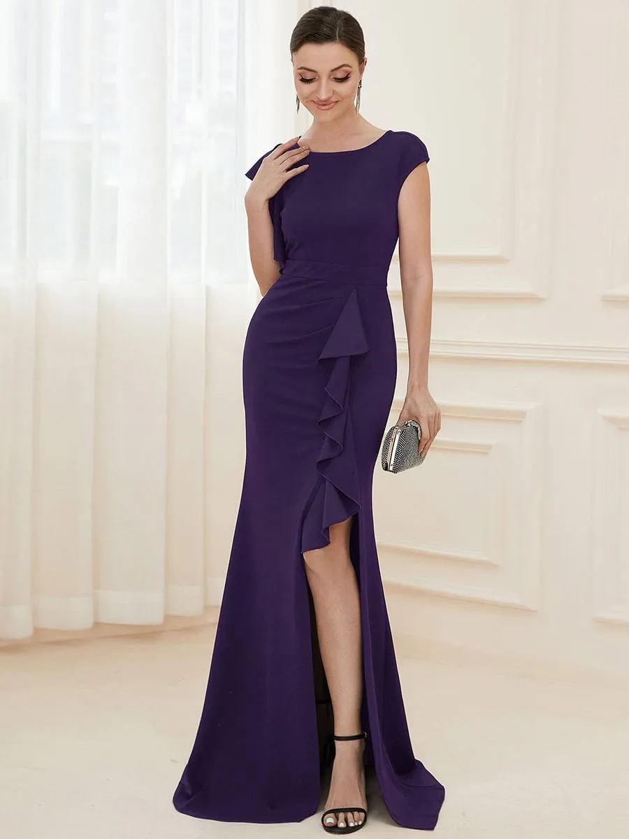 Robe longue fendue sur le devant asymétriques à volants Col U(Vente finale)