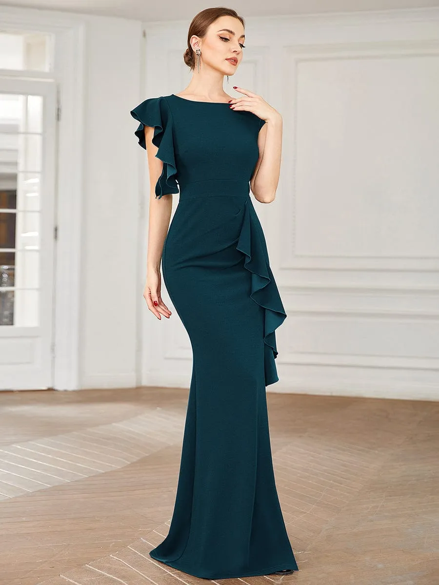 Robe longue fendue sur le devant asymétriques à volants Col U(Vente finale)