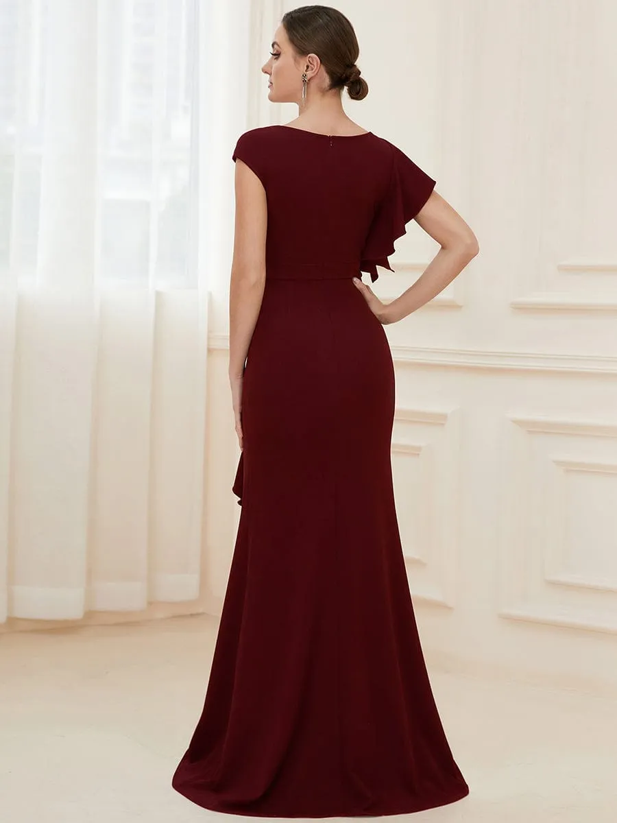 Robe longue fendue sur le devant asymétriques à volants Col U(Vente finale)