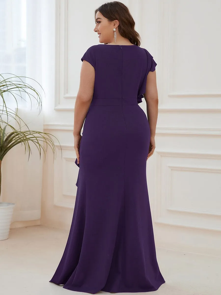 Robe longue fendue sur le devant asymétriques à volants Col U(Vente finale)