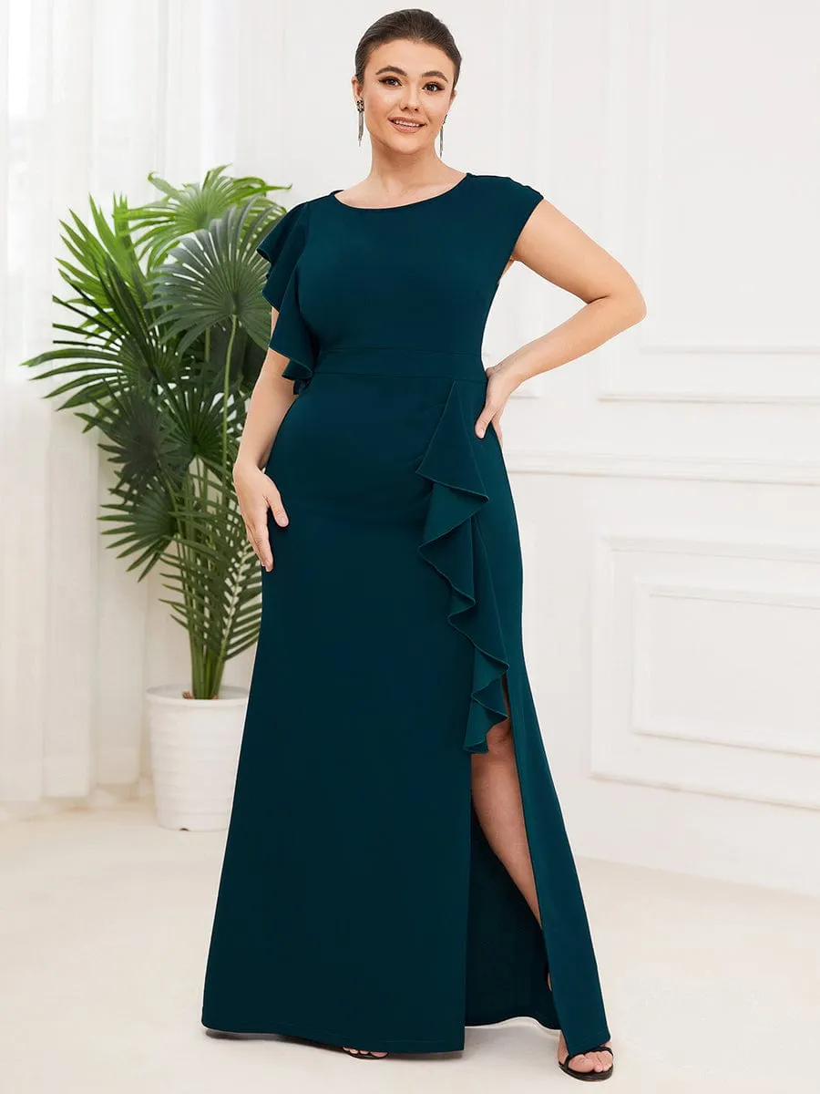 Robe longue fendue sur le devant asymétriques à volants Col U(Vente finale)
