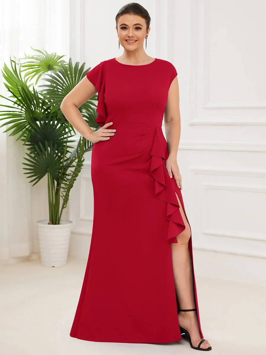 Robe longue fendue sur le devant asymétriques à volants Col U(Vente finale)