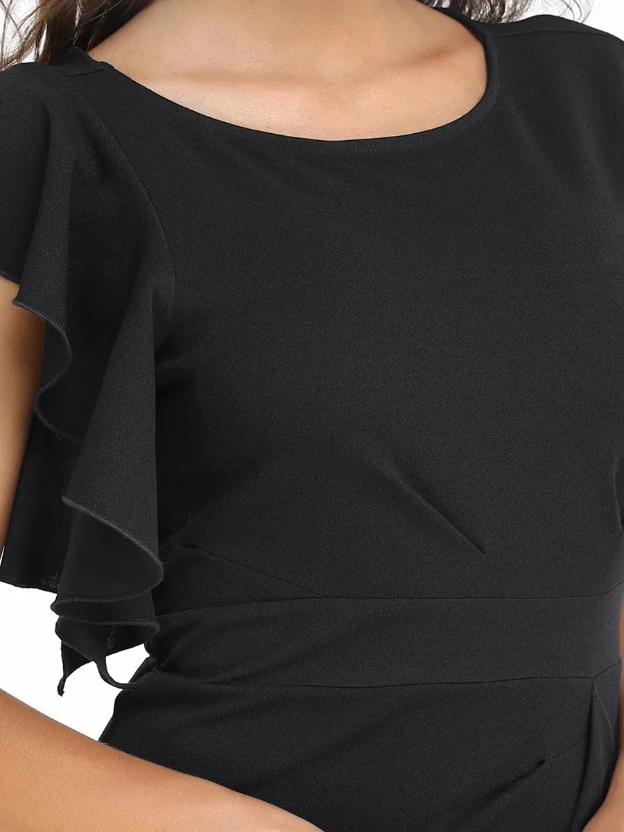 Robe longue fendue sur le devant asymétriques à volants Col U(Vente finale)
