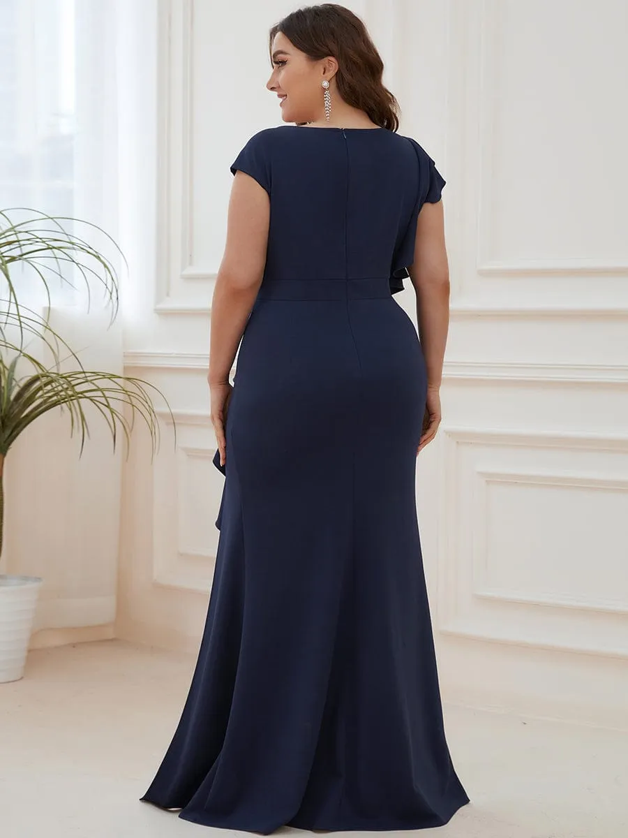 Robe longue fendue sur le devant asymétriques à volants Col U(Vente finale)