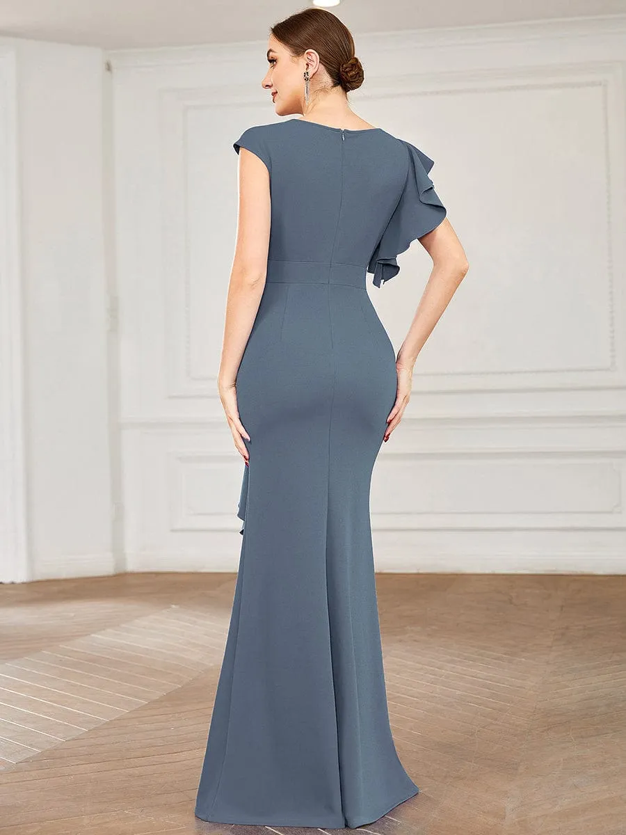 Robe longue fendue sur le devant asymétriques à volants Col U(Vente finale)