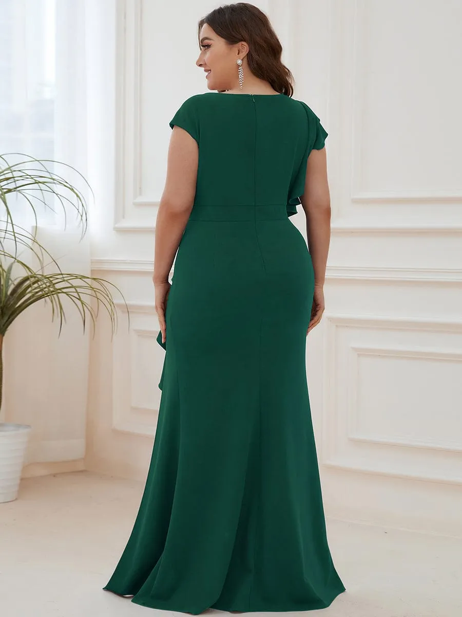 Robe longue fendue sur le devant asymétriques à volants Col U(Vente finale)