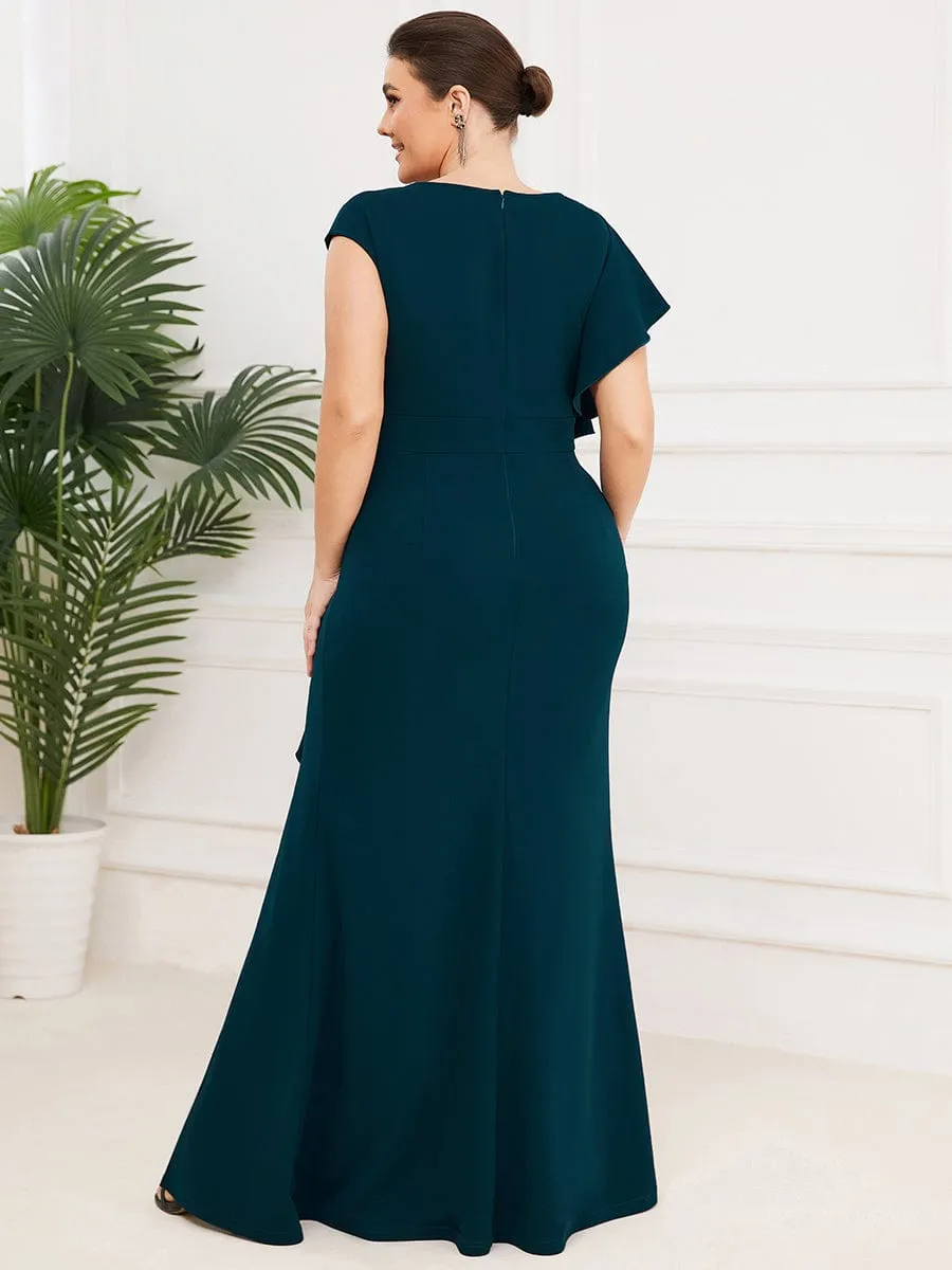 Robe longue fendue sur le devant asymétriques à volants Col U(Vente finale)