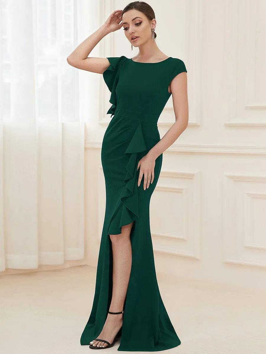 Robe longue fendue sur le devant asymétriques à volants Col U(Vente finale)