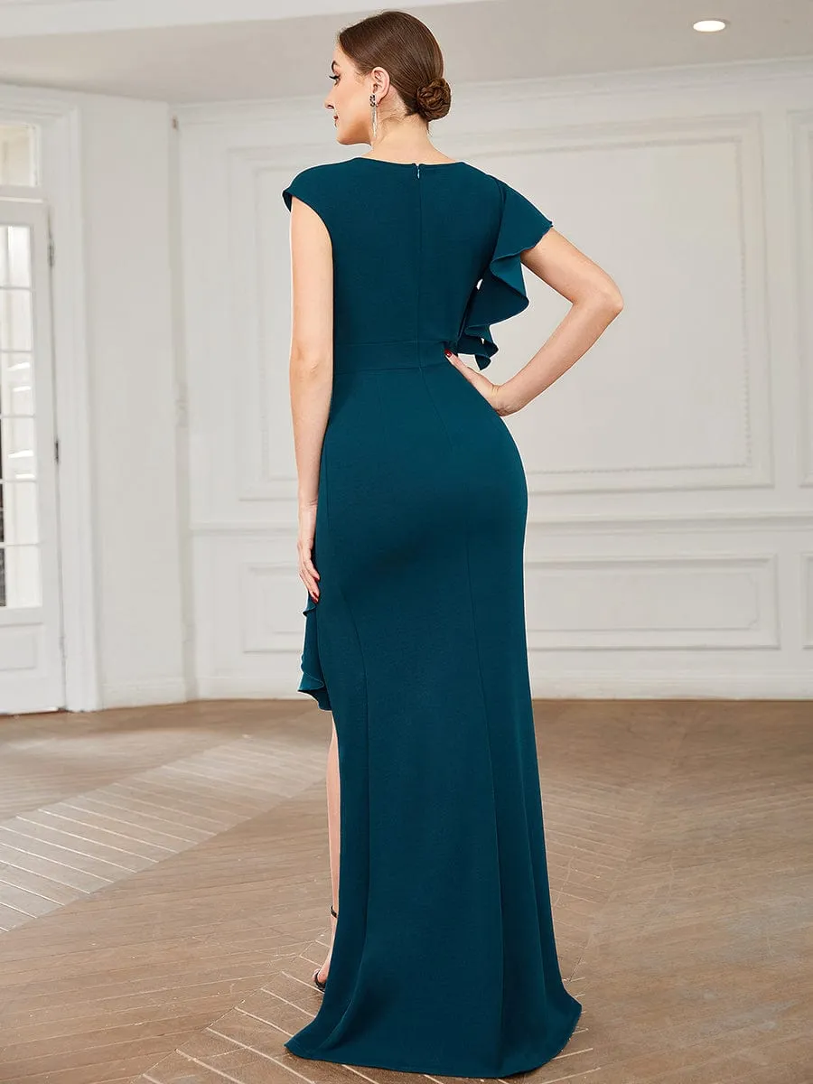 Robe longue fendue sur le devant asymétriques à volants Col U(Vente finale)