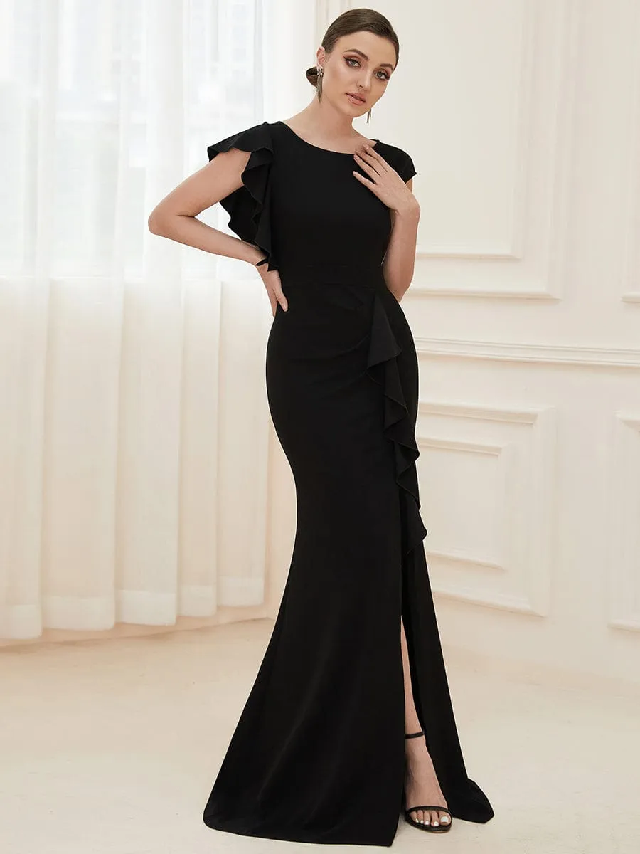 Robe longue fendue sur le devant asymétriques à volants Col U(Vente finale)