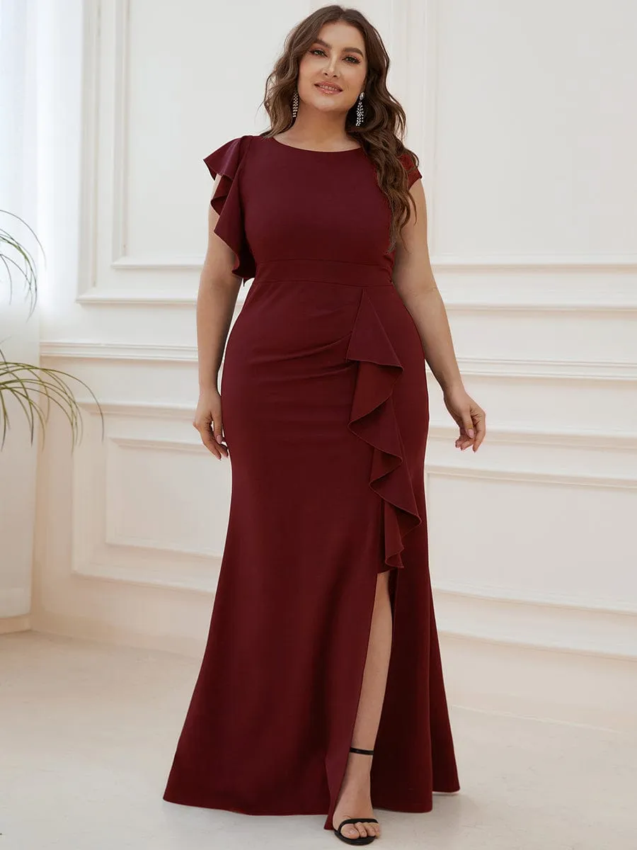 Robe longue fendue sur le devant asymétriques à volants Col U(Vente finale)