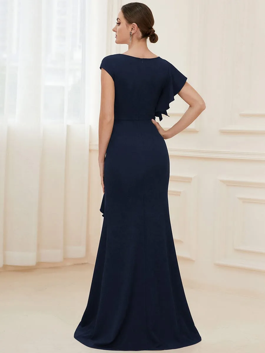 Robe longue fendue sur le devant asymétriques à volants Col U(Vente finale)