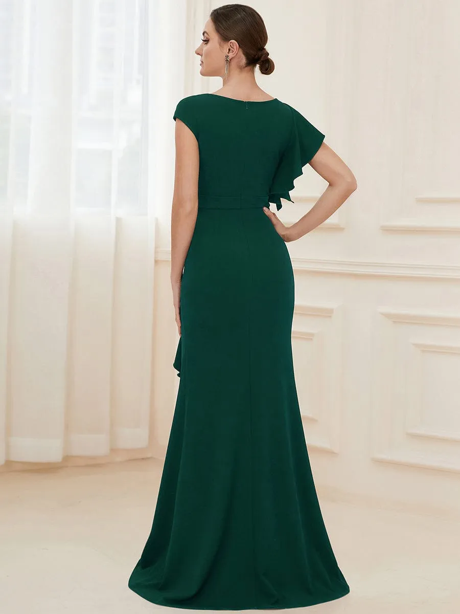 Robe longue fendue sur le devant asymétriques à volants Col U(Vente finale)
