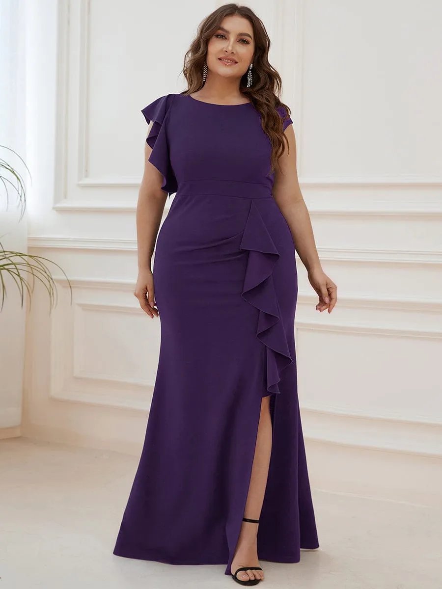 Robe longue fendue sur le devant asymétriques à volants Col U(Vente finale)