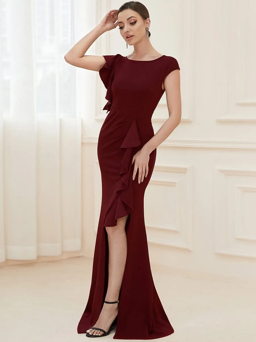 Robe longue fendue sur le devant asymétriques à volants Col U(Vente finale)