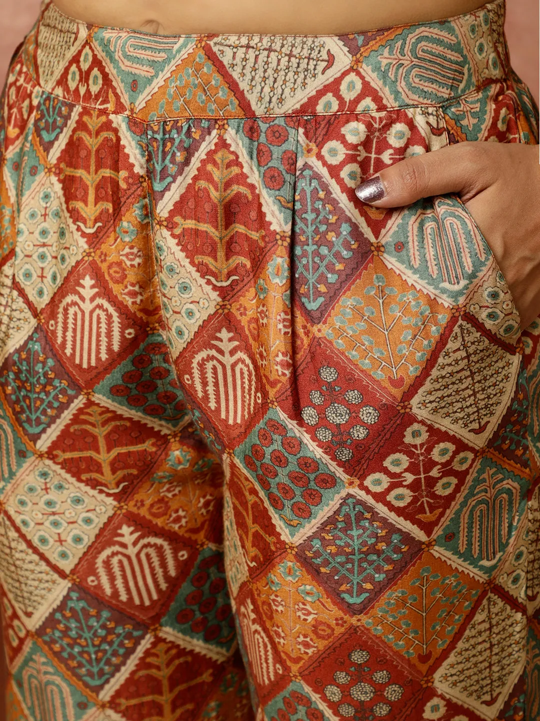 Rust Multicolor Print Wrap Top With Palazzo Co-Ord Set