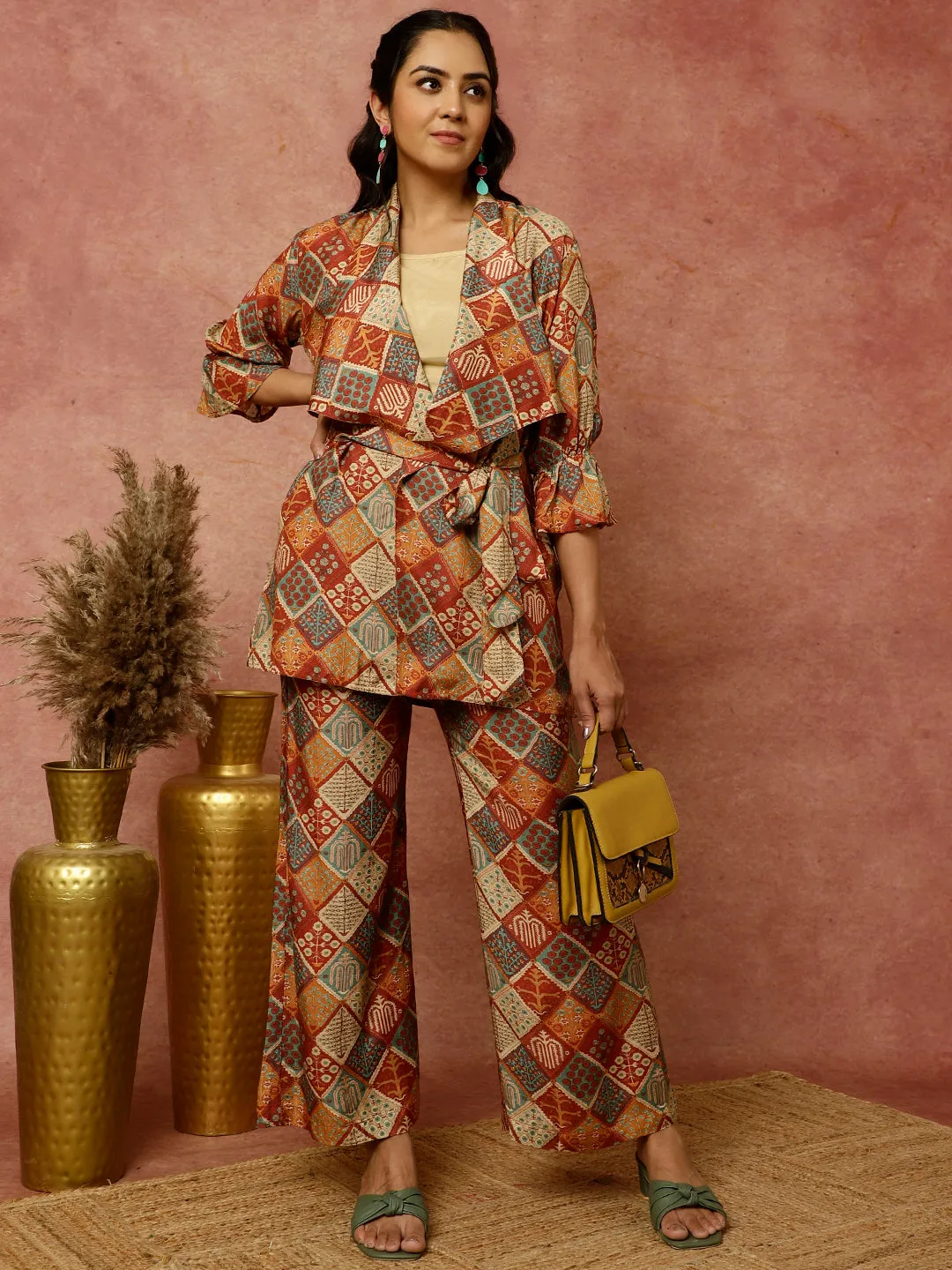 Rust Multicolor Print Wrap Top With Palazzo Co-Ord Set