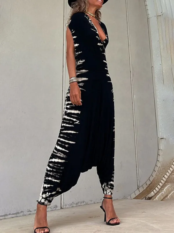 SALE Medium Bohemian Harem Tie Die Sleeveless Wrap Jumpsuit