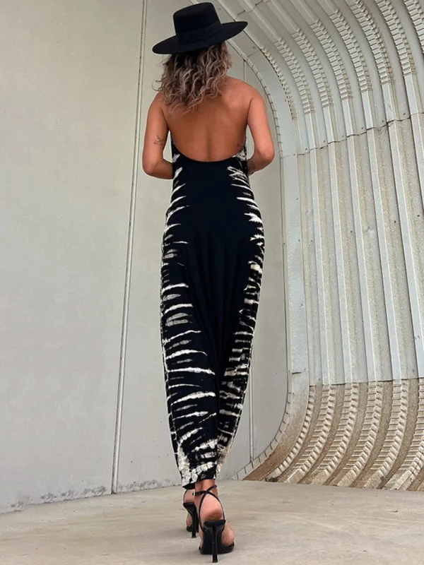SALE Medium Bohemian Harem Tie Die Sleeveless Wrap Jumpsuit
