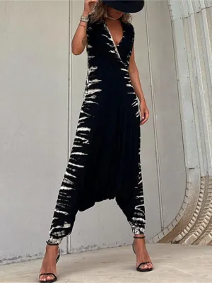 SALE Medium Bohemian Harem Tie Die Sleeveless Wrap Jumpsuit