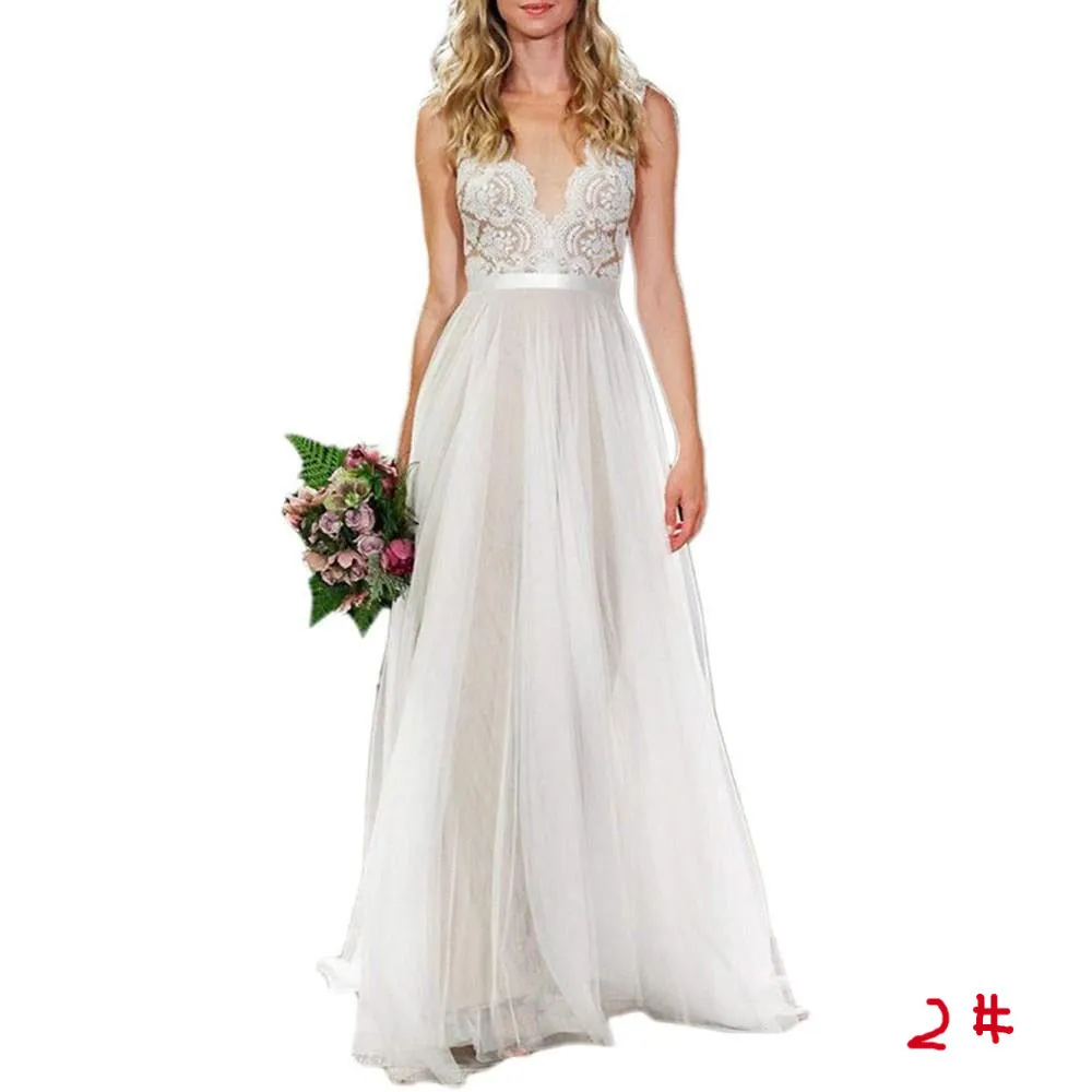 sd-hk Bride V-Neck A-line Lace Tulle Long Beach Wedding Dress for Women