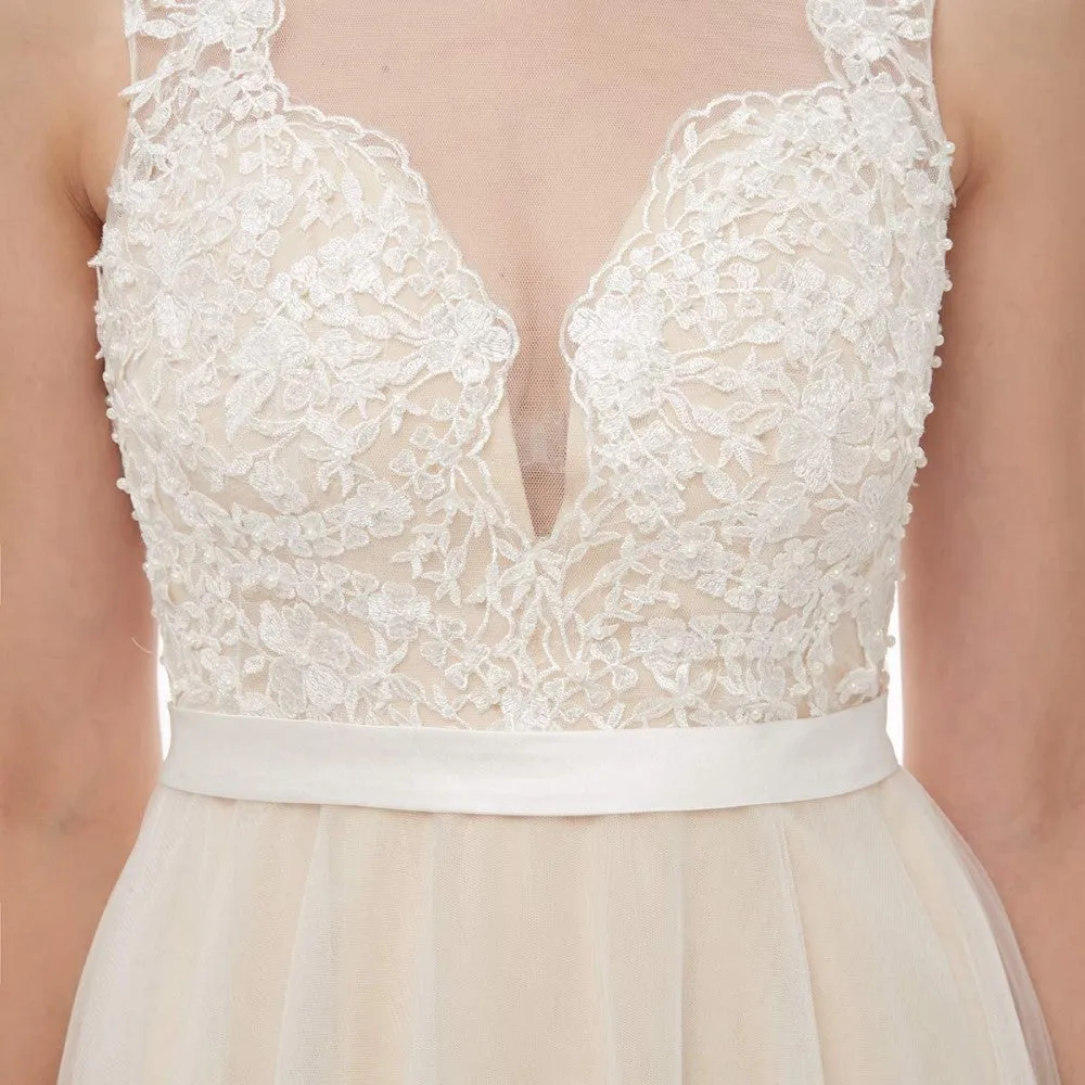 sd-hk Bride V-Neck A-line Lace Tulle Long Beach Wedding Dress for Women