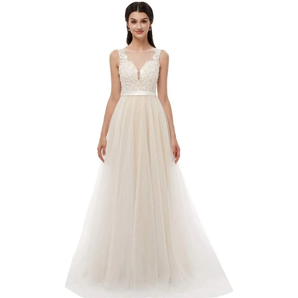 sd-hk Bride V-Neck A-line Lace Tulle Long Beach Wedding Dress for Women