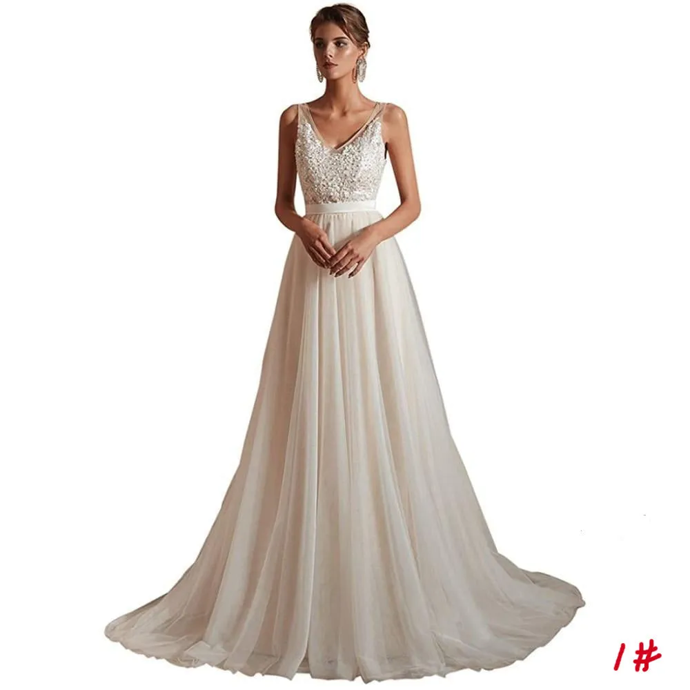 sd-hk Bride V-Neck A-line Lace Tulle Long Beach Wedding Dress for Women