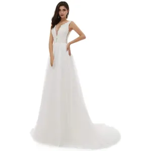 sd-hk Bride V-Neck A-line Lace Tulle Long Beach Wedding Dress for Women