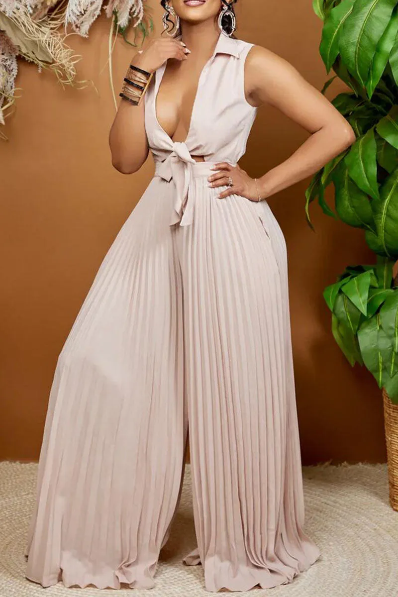Sexy Solid Bandage Hollowed Out Patchwork Fold Turndown Collar Straight Jumpsuits(4 Colors)