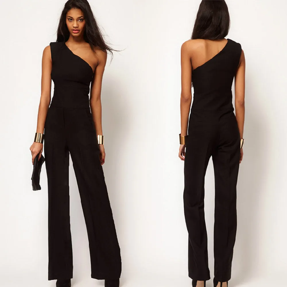 Sexy Women's One Shoulder Jumpsuit women's overall fashion High Waist Solid Chiffon jumpsuit pants coveralls black Full Length