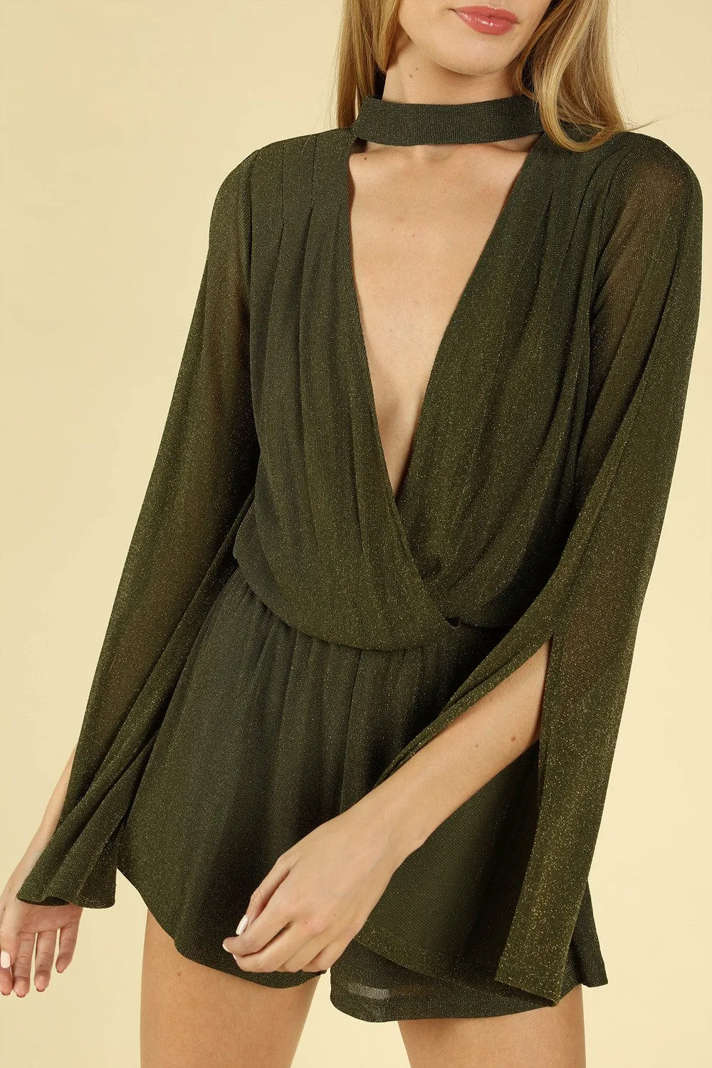 Shimmering Long Sleeve Wrap Romper, Olive
