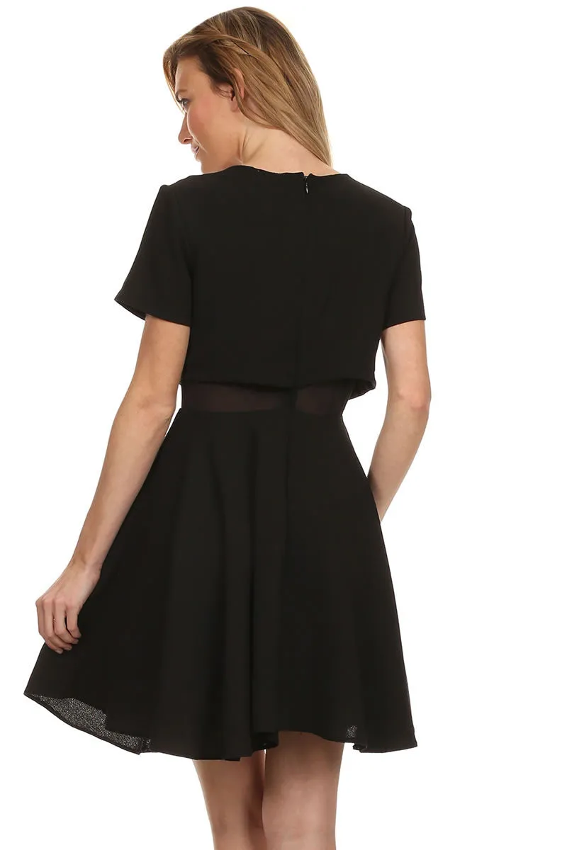 Short Sleeve Mini A Line White Dress Round Neck Mesh Inset
