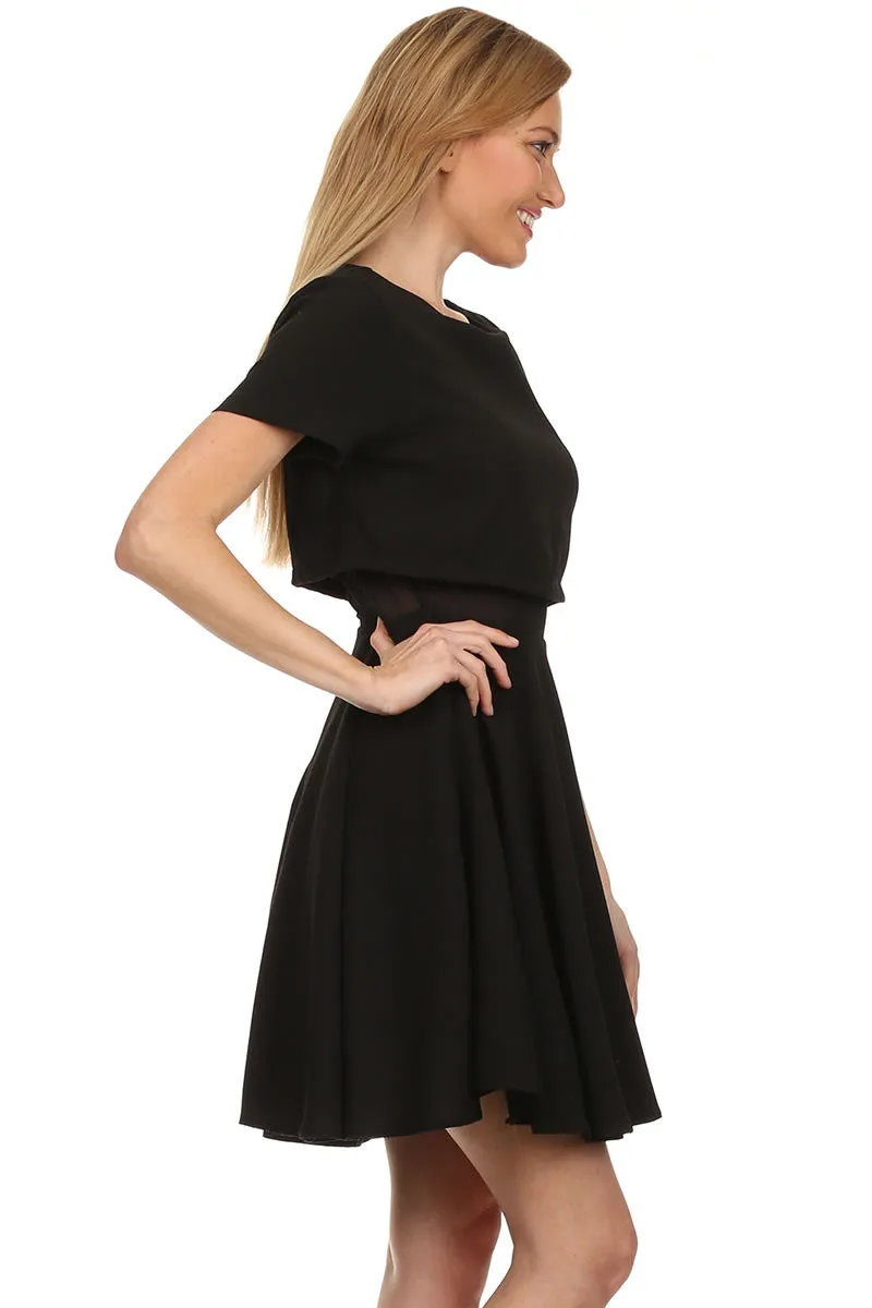 Short Sleeve Mini A Line White Dress Round Neck Mesh Inset