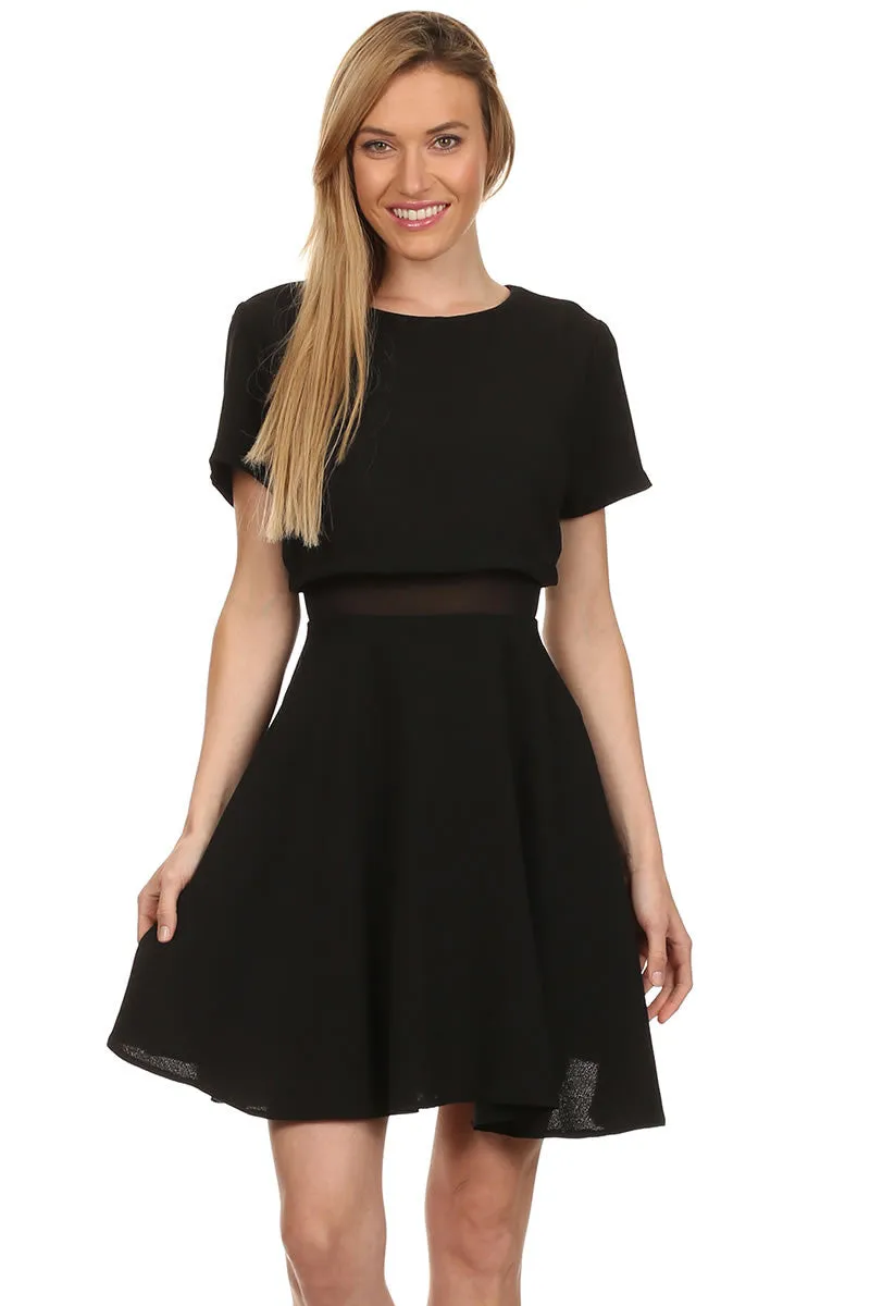 Short Sleeve Mini A Line White Dress Round Neck Mesh Inset