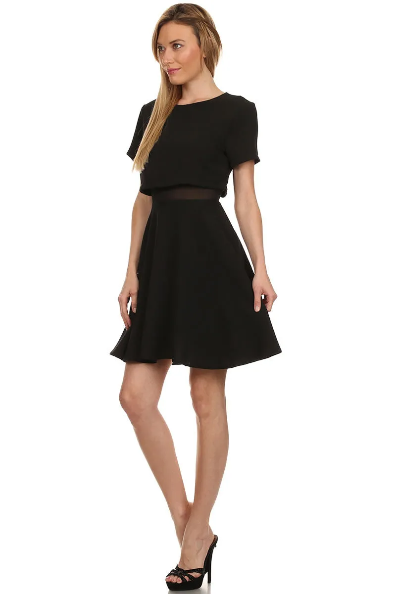 Short Sleeve Mini A Line White Dress Round Neck Mesh Inset