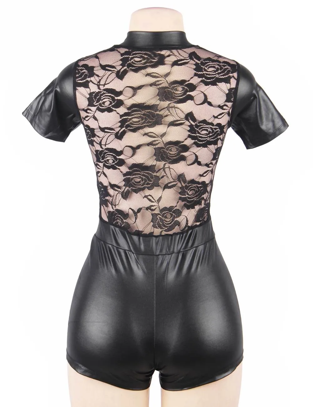 Short Sleeve Wet Look And Lace Bodysuit With Farawlaya