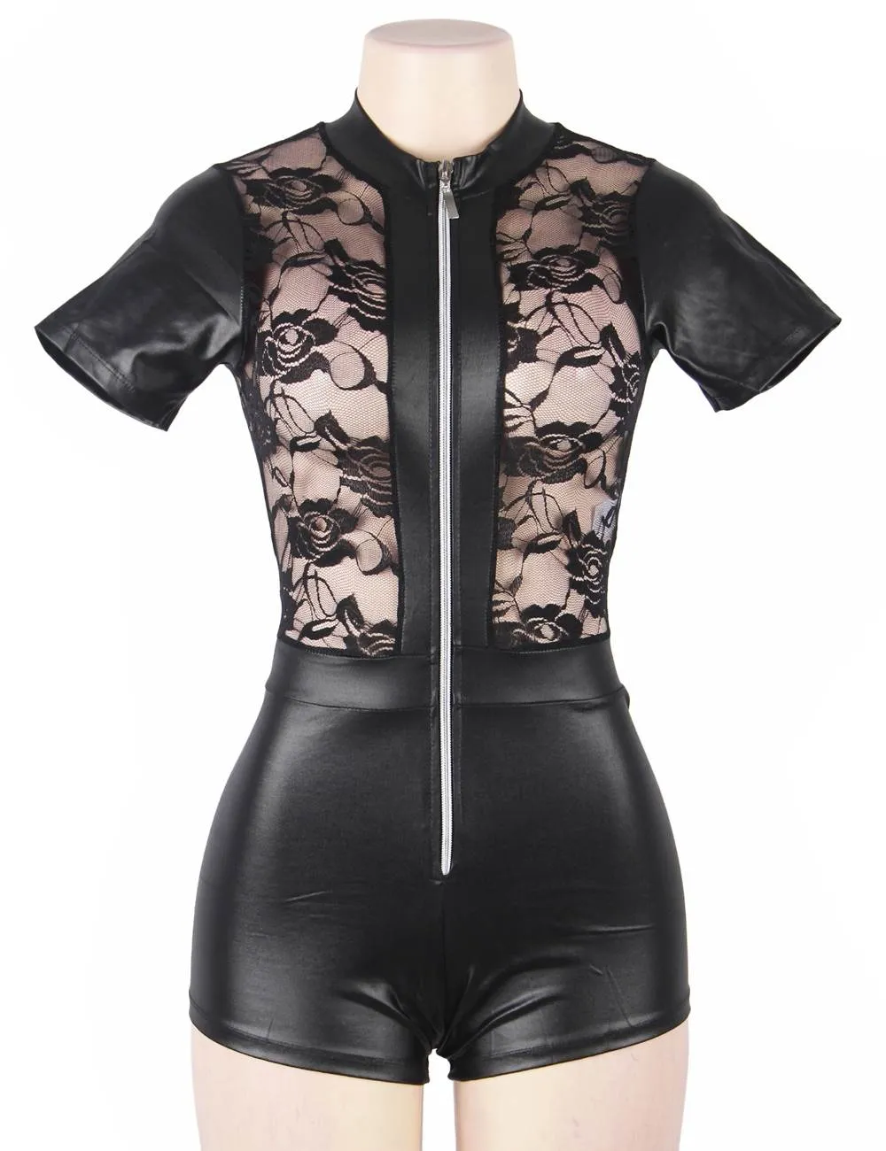 Short Sleeve Wet Look And Lace Bodysuit With Farawlaya