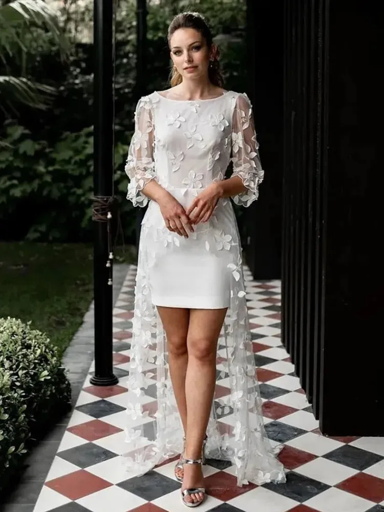 Short Wedding Dress With Train Lace Appliques Backless Floor Length