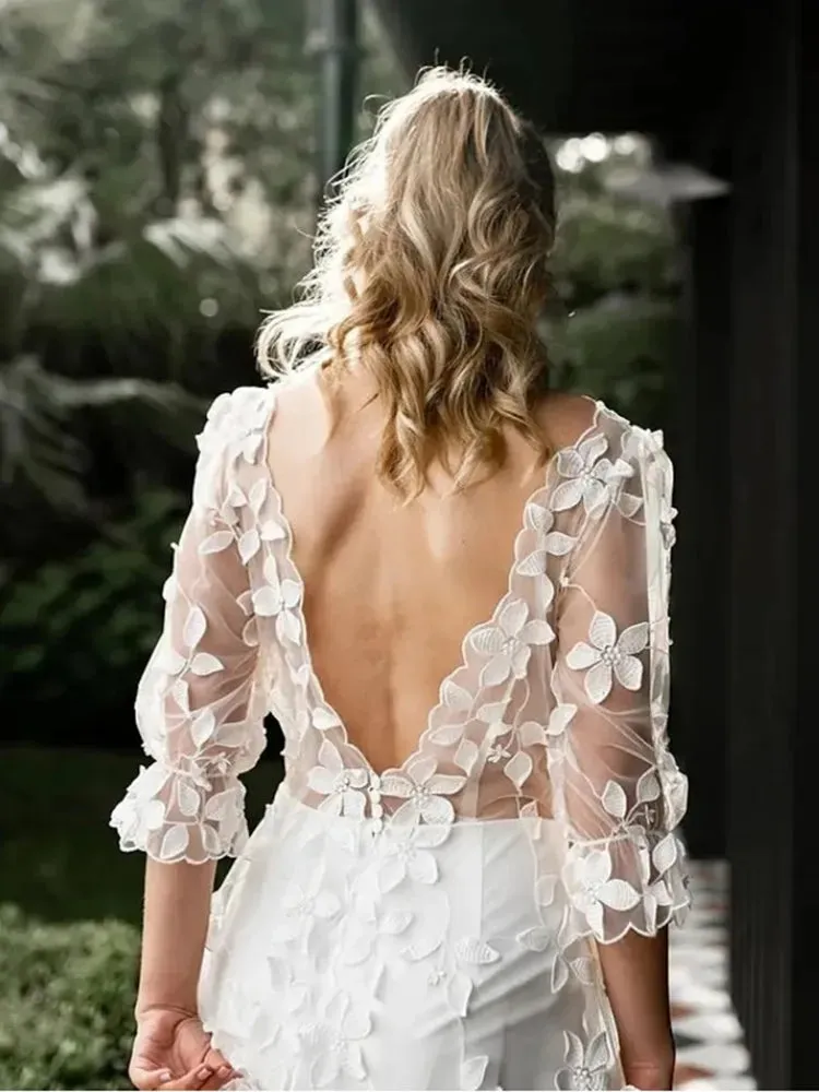 Short Wedding Dress With Train Lace Appliques Backless Floor Length