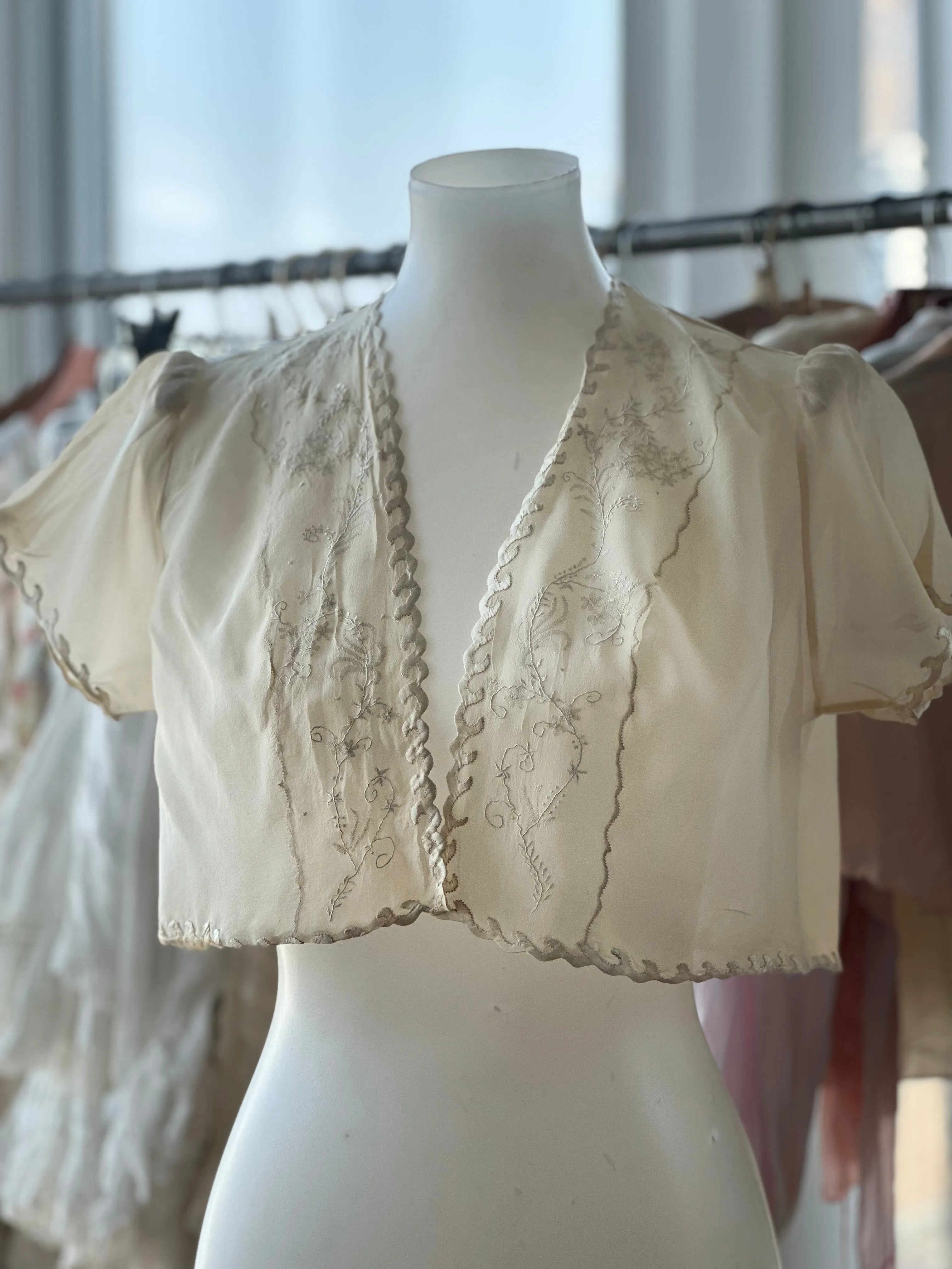 Silk Embroidered Bed Jacket - 20s - Bridal