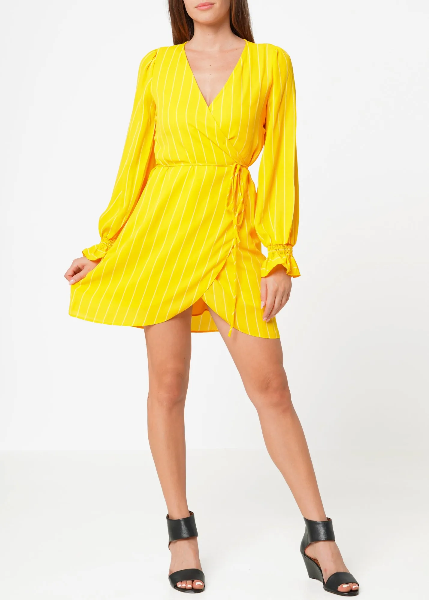 Smocked Bell Sleeve Wrap Dress in Yellow