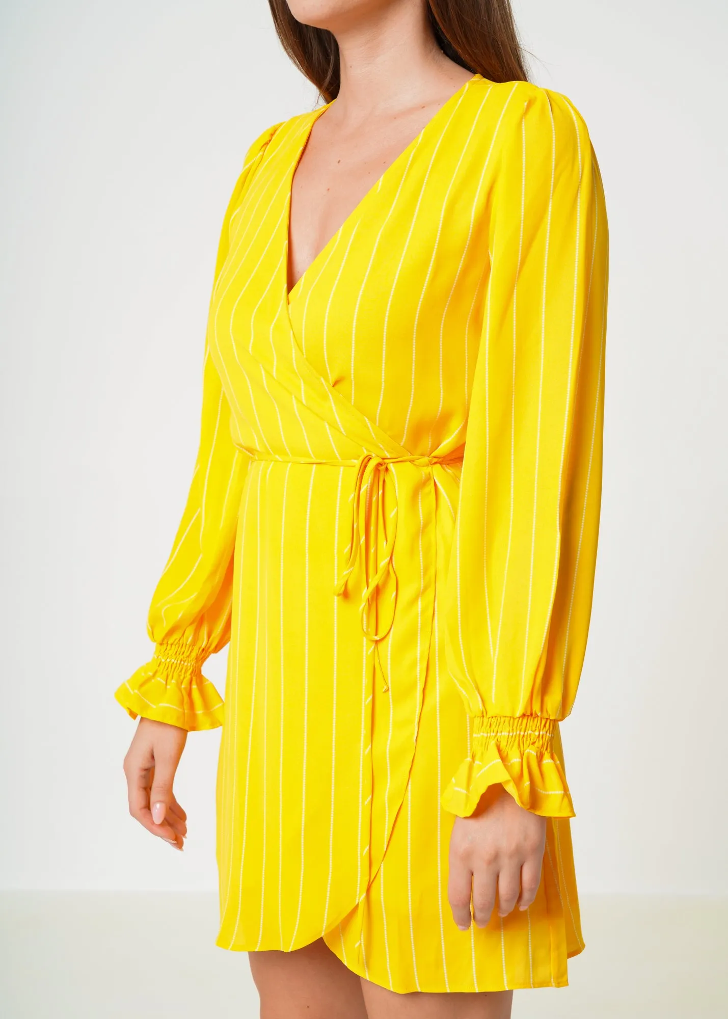 Smocked Bell Sleeve Wrap Dress in Yellow