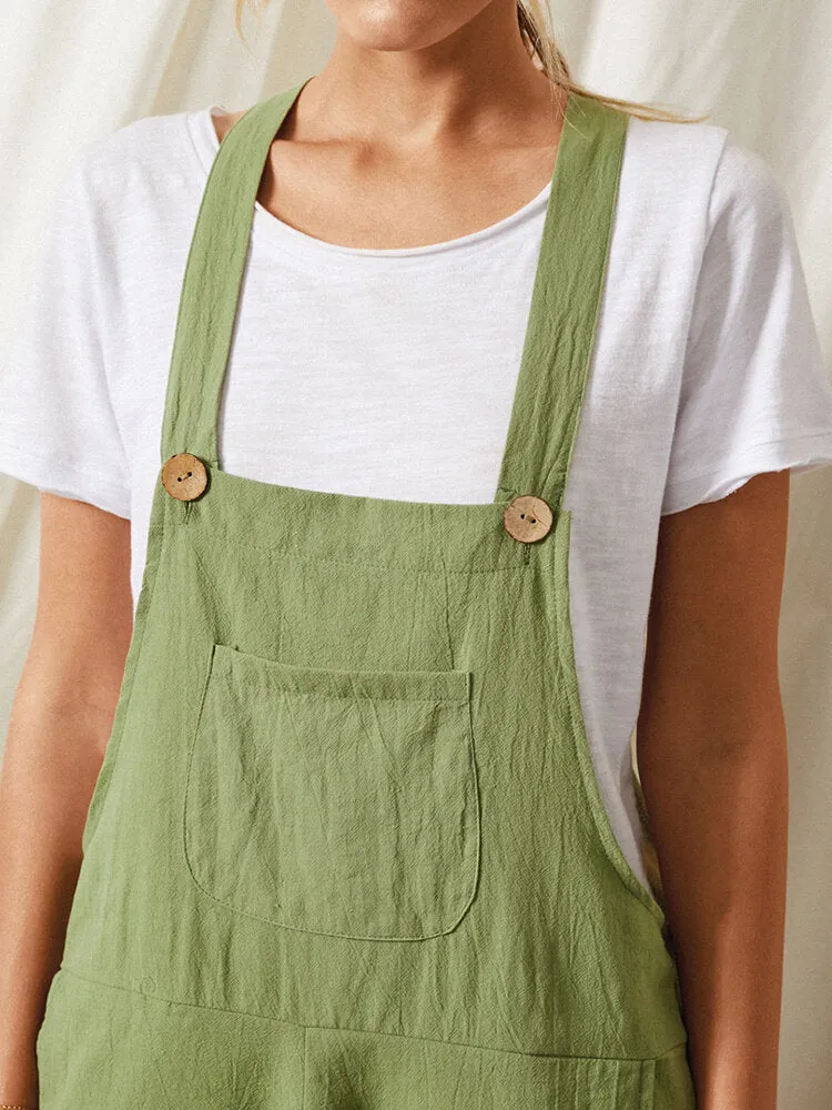 Solid Color Strap Button Pocket Sleeveless Loose Casual Harem Jumpsuit