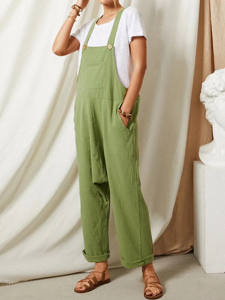 Solid Color Strap Button Pocket Sleeveless Loose Casual Harem Jumpsuit