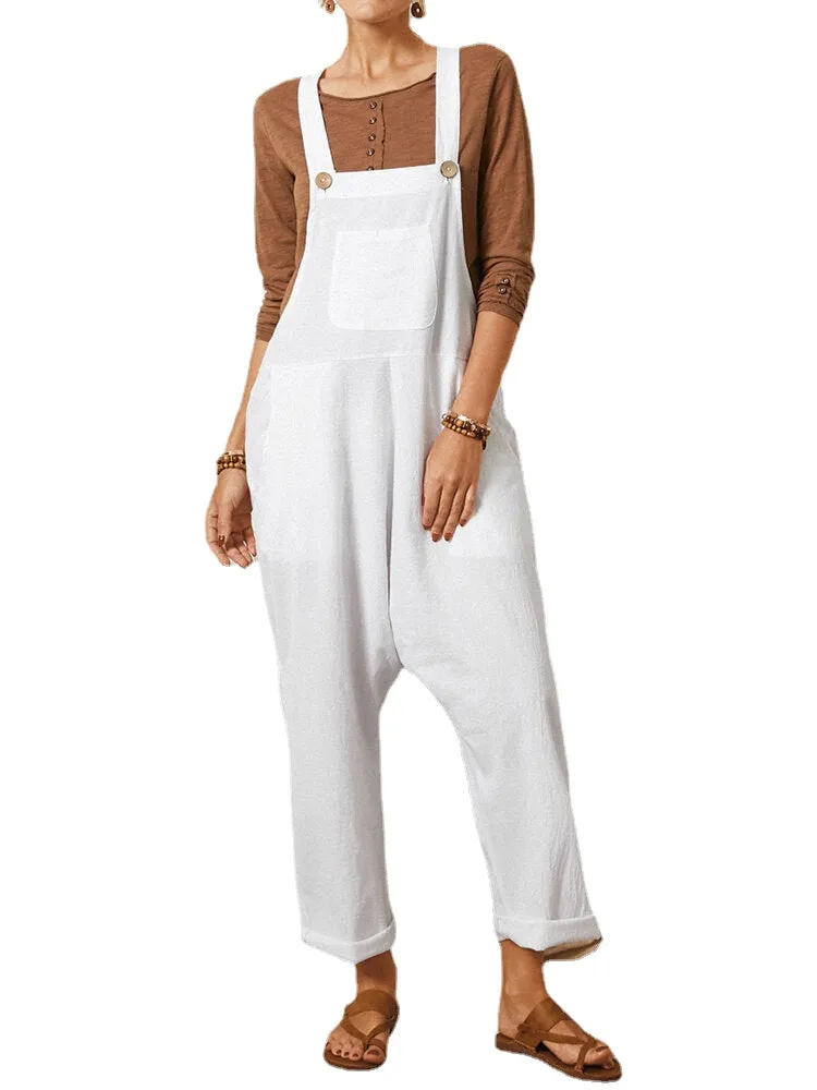 Solid Color Strap Button Pocket Sleeveless Loose Casual Harem Jumpsuit