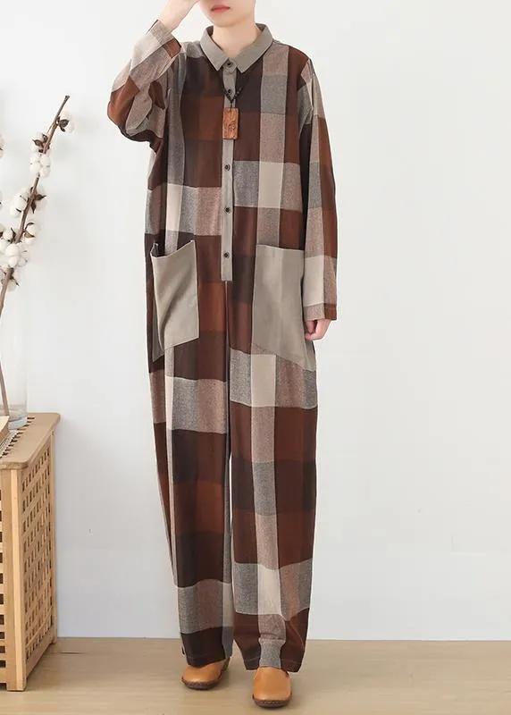 spring big pockets ming Harem cotton brown plus szie  plaid jumpsuit