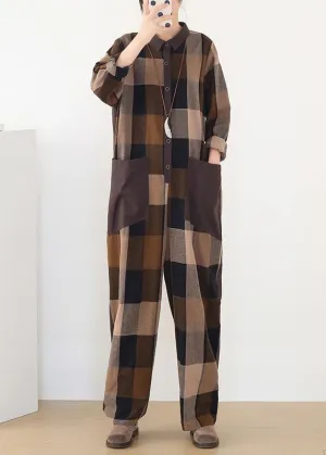 spring big pockets ming Harem cotton brown plus szie  plaid jumpsuit